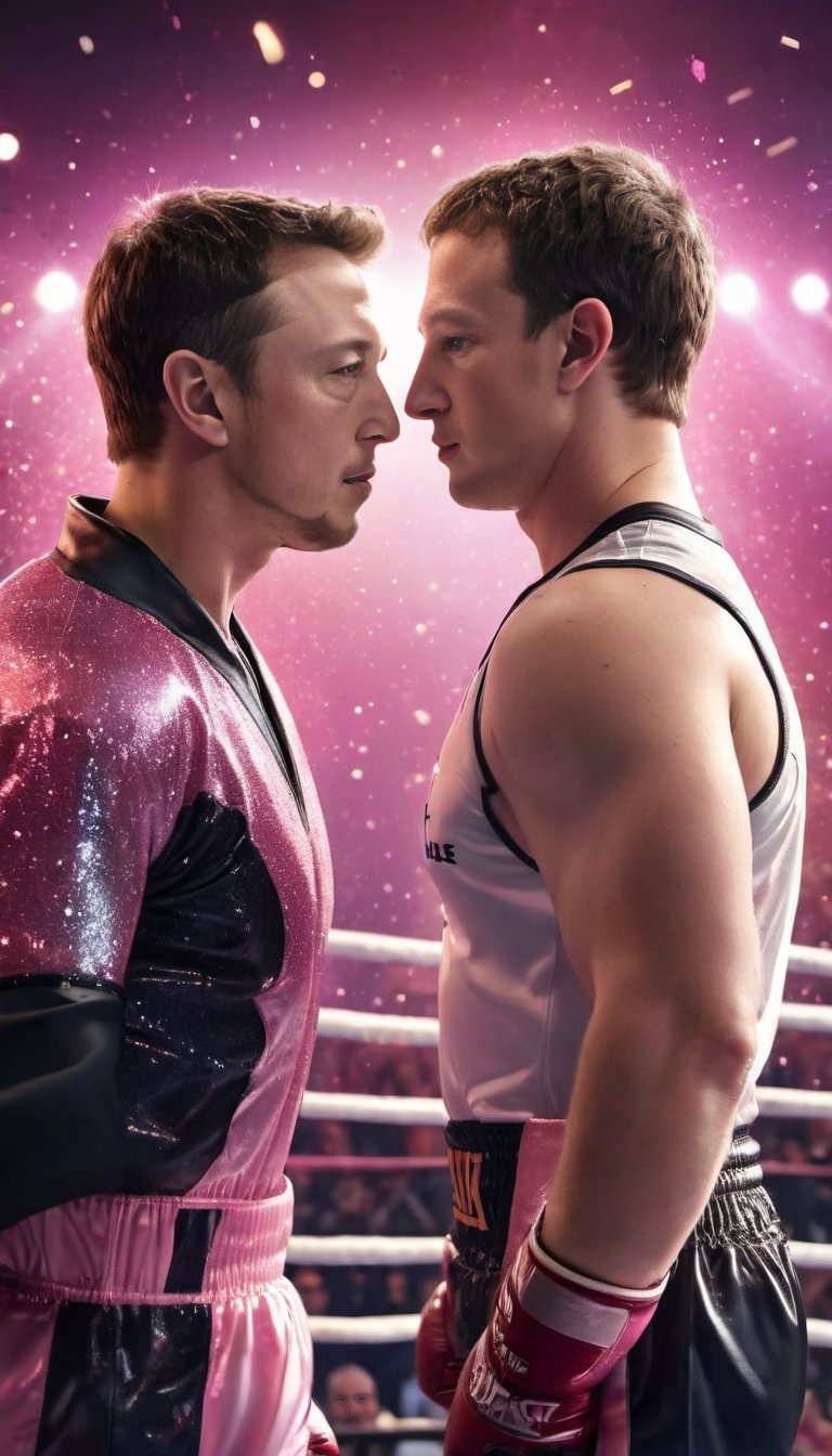 00640-3484907906-Breathtaking poster-style face-off, Elon Musk and Mark Zuckerberg, both in boxing suits, eyes locked with a tender and affection.jpg